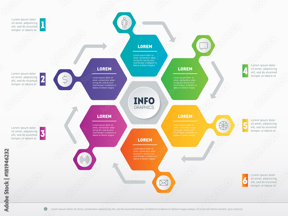 Business presentation concept with 6 options. Web Template of a circle info chart or diagram. Part of the report with icons set. Vector infographic of technology or education process with 6 steps.