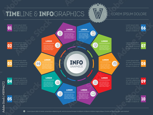 Web Template for circle diagram or presentation. Business infographics concept with 10 options. Part of the report with icons set. Vector infographic of technology or education process with 10 steps.