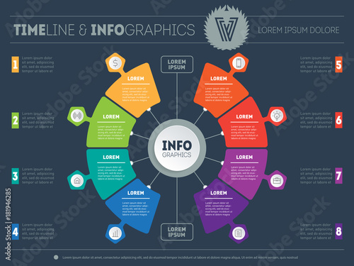 Vector infographics of technology or education process with 8 steps. Business presentation or info graphic with 8 options. Web Template of a chart, mindmap or diagram. Part of the report.
