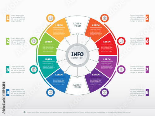Business presentation concept with 8 options. Part of the report with icons set. Vector infographic of technology or education process with 8 steps. Web Template of a circle info chart or diagram.