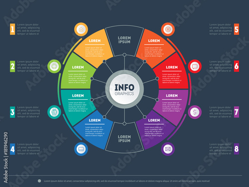 Business presentation concept with 8 options. Web Template of a circle info chart or diagram. Part of the report with icons set. Vector infographic of technology or education process with 8 steps.