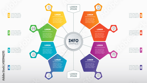 Vector infographic of technology or education process. Business presentation or infographics concept with 8 options. Web Template of a circle diagram or presentation. Part of the report.