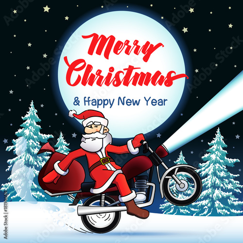 Santa biker Merry Christmas and Happy New Year greeting card. Merry Xmas text, vector Santa Claus on motorcycle, stars and moon night background. Abstract isolated graphic design template