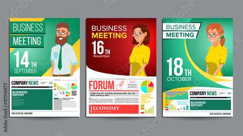 Business Meeting Poster Set Vector. Businessman And Business Woman. Layout. Presentation Concept. Corporate Banner Template. Seminar Speaker. A4 Size. Green, Red, Yellow. Illustration