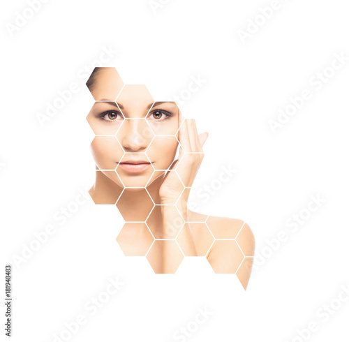Facial portrait of young and healthy woman. Plastic surgery, skin care, cosmetics and face lifting concept.