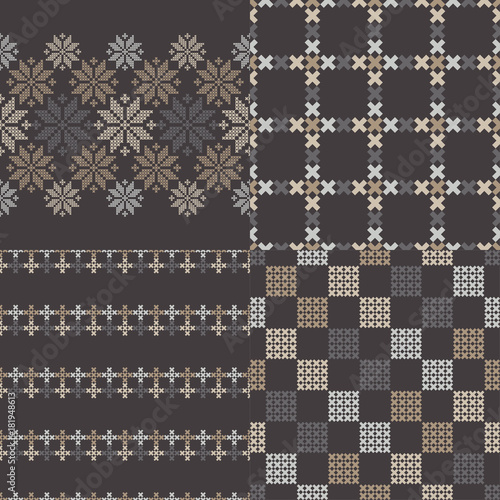 Set of 4 Seamless vector backgrounds cross stitch Norwegian snowflakes. Folk motifs. Winter pattern. Textile rapport.