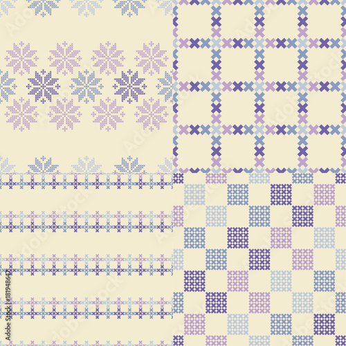 Set of 4 Seamless vector backgrounds cross stitch Norwegian snowflakes. Folk motifs. Winter pattern. Textile rapport.