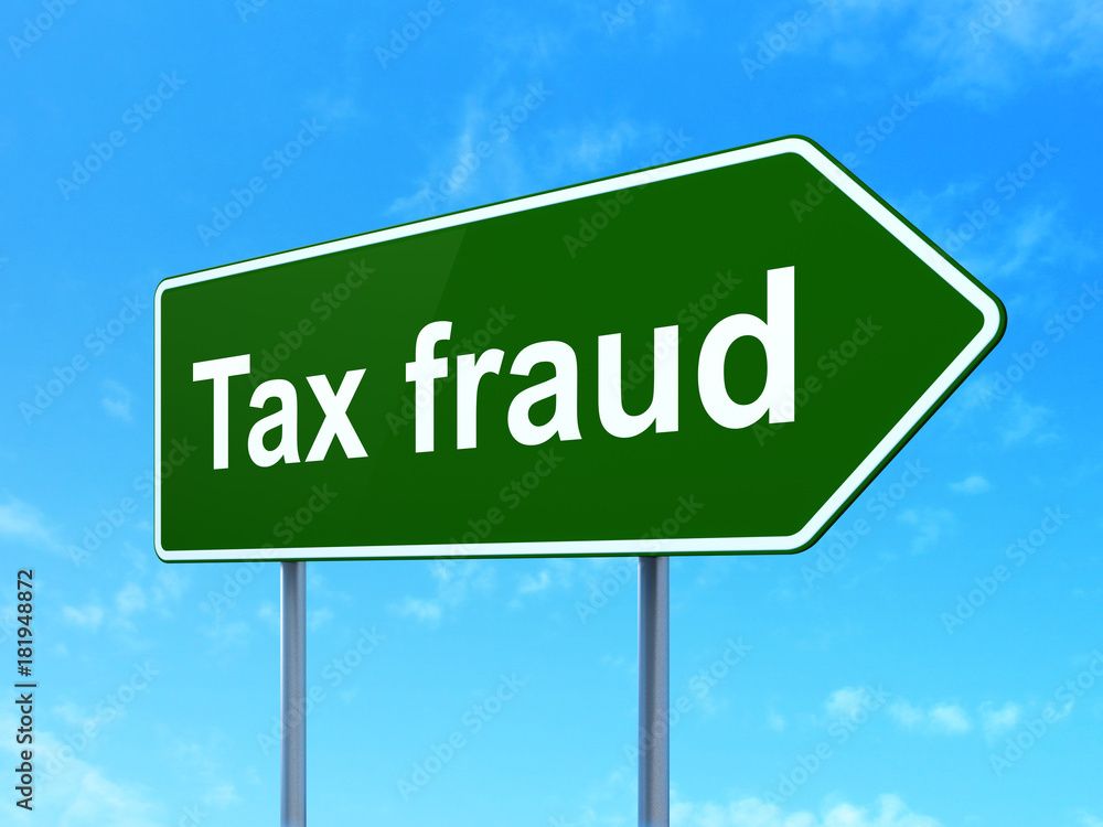 Law concept: Tax Fraud on green road highway sign, clear blue sky background, 3D rendering
