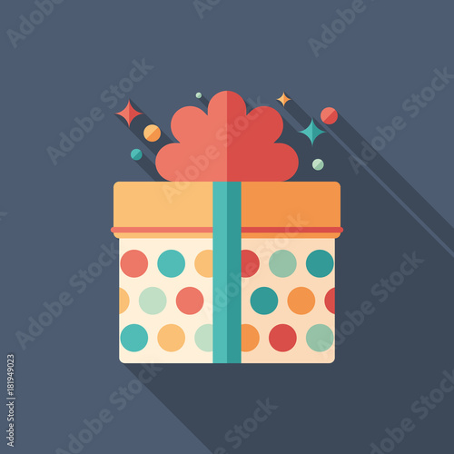 Festive gift box flat square icon with long shadows.