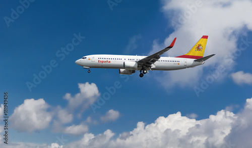 Commercial airplane with Spanish flag on the tail and fuselage landing or taking off from the airport with blue cloudy sky in the background