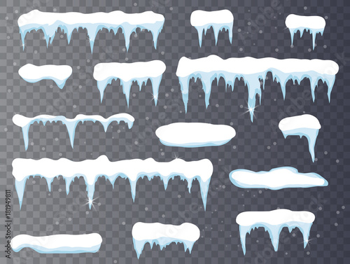 Set of cartoon snow design element on transparent background Snow icicles, snow cap isolated. Snowy elements on winter background. Vector template