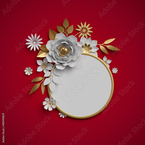 3d Render Paper Flowers Round Frame Red White Gold Botanical Background Christmas Decoration Stock Photo Adobe Stock