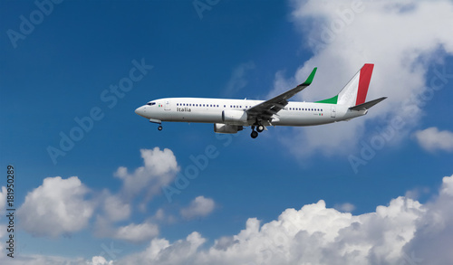 Commercial airplane with Italian flag on the tail and fuselage landing or taking off from the airport with blue cloudy sky in the background