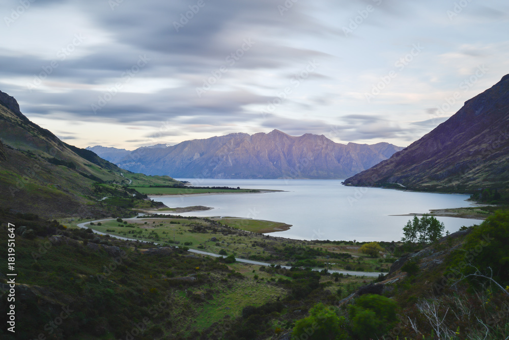 Lake Hawea in the middle of the valley in the evening at New Zealand Southland