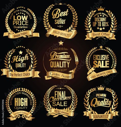 Golden laurel wreaths with golden ribbon vector collection