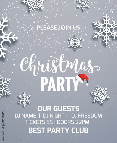 Christmas party poster invitation decoration design. Xmas holiday template background with snowflakes