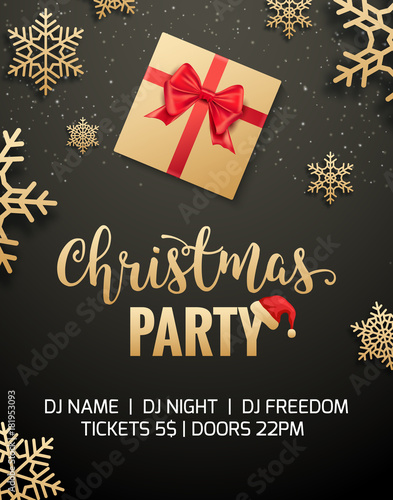 Christmas party poster invitation decoration design gift box. Xmas holiday template background with snowflakes