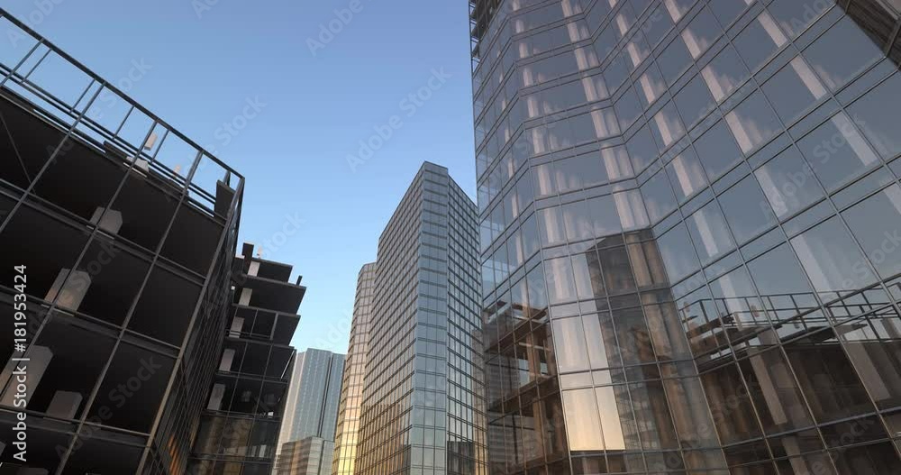 Skyscrapers construction city growing up timelapse animation 4k uhd. Animation of building activity of skyscrapers. time lapse city growing