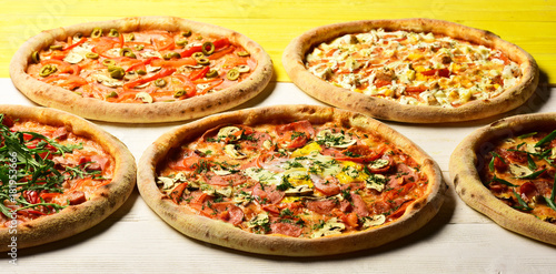 Italian pizza and pizzeria. Take away food with various ingredients