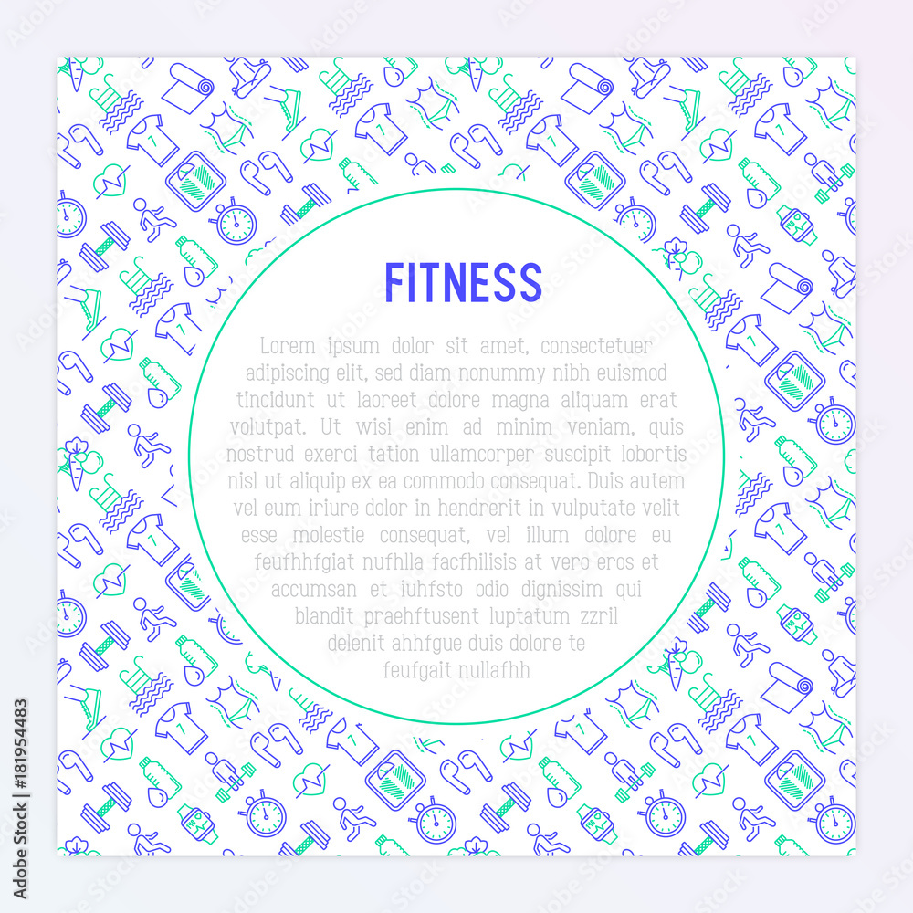 Fitness concept with thin line icons of running, dumbbell, waist, healthy food, swimming pool, pulse, wireless earphones, sportswear, yoga. Modern vector illustration. Fitness concept with thin line icons of running, dumbbell, waist, healthy food, swimming pool, pulse, wireless earphones, sportswear, yoga. Modern vector illustration.