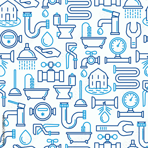 Plumbing seamless pattern with thin line icons of bathtub, shower, pipe, wrench, drop, leakage, meter, plunger. Modern vector illustration.