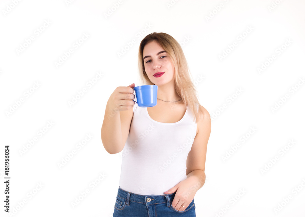 Young cute woman drinks coffee or tea, isolated Young cute woman drinks coffee or tea, isolated