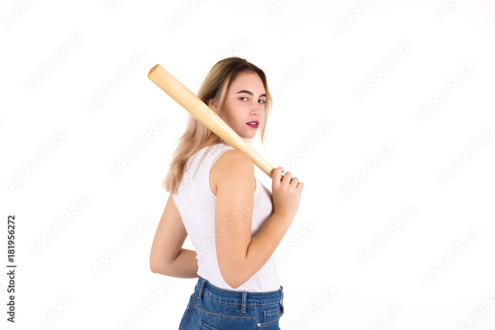 Young cute girl with baseball bat, isolated Young cute girl with baseball bat, isolated