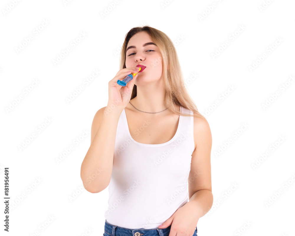 Young pretty woman with whistle, party Young pretty woman with whistle, party