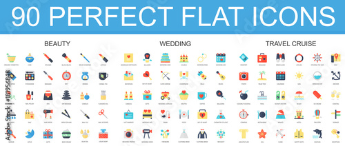 90 modern flat icon set of beauty, wedding, travel cruise icons.