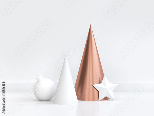 abstract white scene copper cone geometric white star christmas ball christmas holiday new year concept 3d rendering