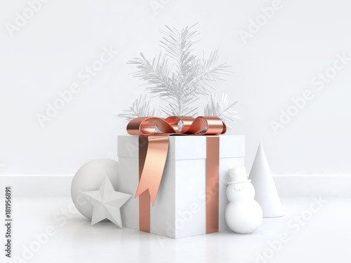 white gift box copper bow ribbon christmas tree star ball snow man cone group set on white scene 3d rendering christmas holiday new year concept photo