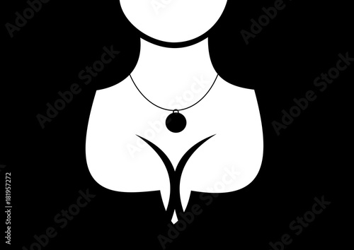 Sexual and physical attractiveness and beauty of beautiful woman with big breast, attractive cleavage and decolletage. Jewel and necklace on the neck of lady. Graphic vector illustration