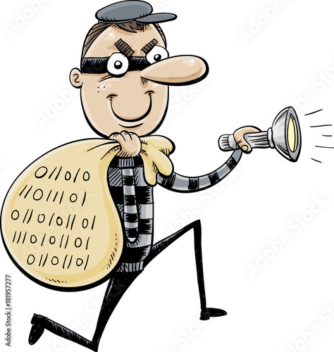 A cartoon of a thief with a sack full of data and holding a flashlight.