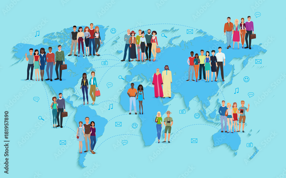 Vector illustration of social and demographic world map on blue background. Multi ethic people in groups. - obrazy, fototapety, plakaty 
