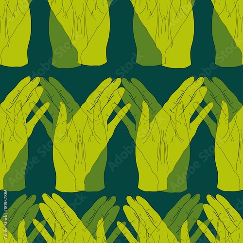 seamless pattern with green waving palms on blue background
