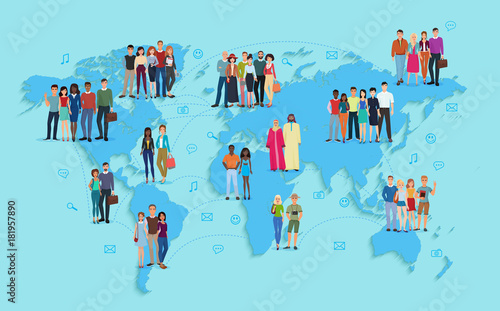 Vector illustration of social and demographic world map on blue background. Multi ethic people in groups.