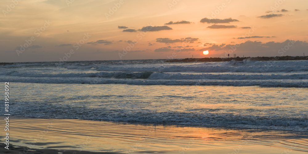 Scenic view of the beach at dusk, Tel Aviv, Israel