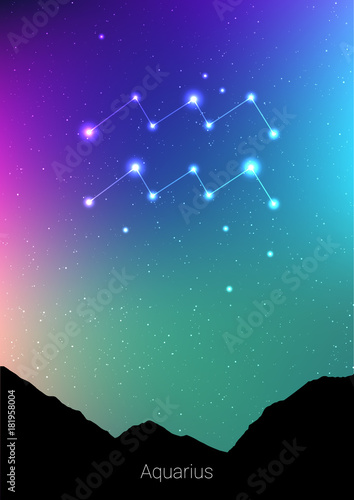 Aquarius zodiac constellations sign with forest landscape silhouette on beautiful starry sky with galaxy and space behind. Aquarius horoscope symbol constellation on deep cosmos background.