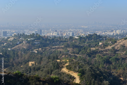 The Hollywood Hills overlooking a misty Los Angeles in the early morning 