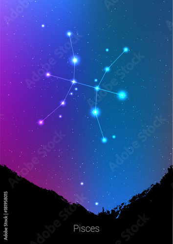 Pisces zodiac constellations sign with forest landscape silhouette on beautiful starry sky with galaxy and space behind. Pisces horoscope symbol constellation on deep cosmos background. Card design