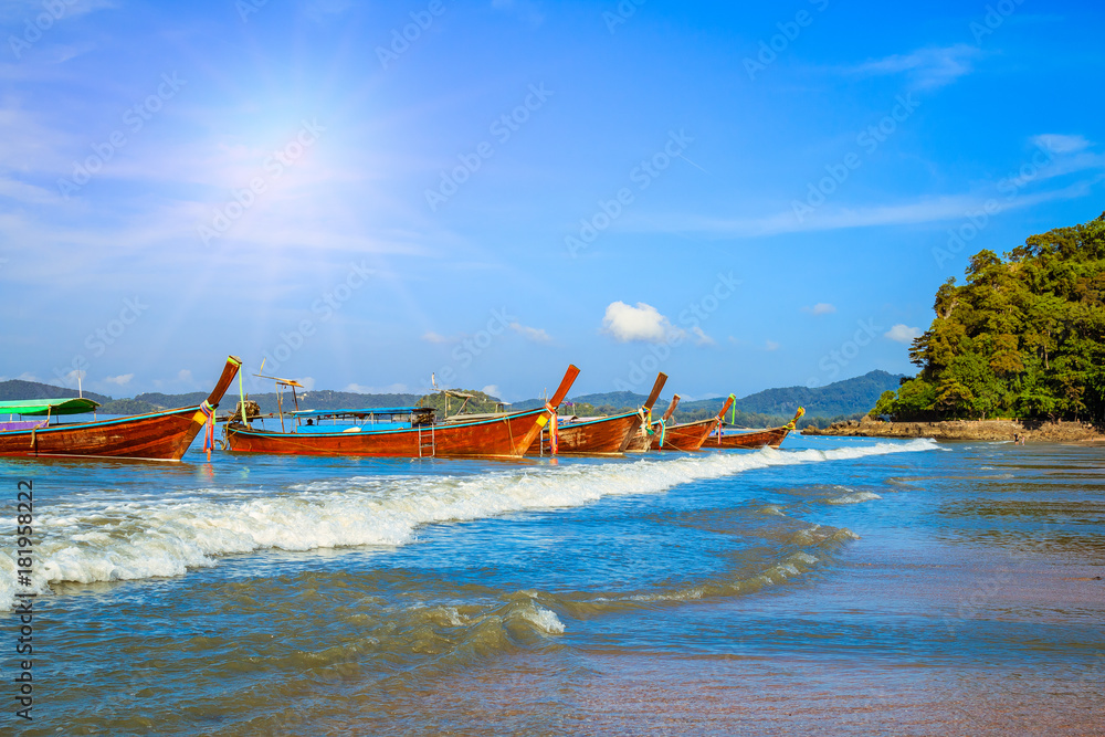 Longtrail boat in MAYA Bay Phi Phi Islands Andaman sea Krabi Thailand.