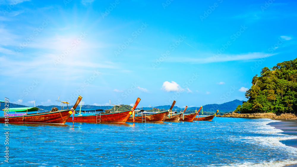 Longtrail boat in MAYA Bay Phi Phi Islands Andaman sea Krabi Thailand.