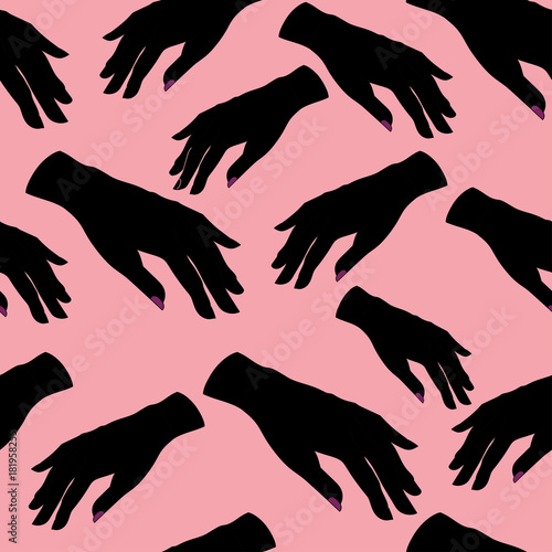 seamless pattern with cartoon silhouette hands on a pink background