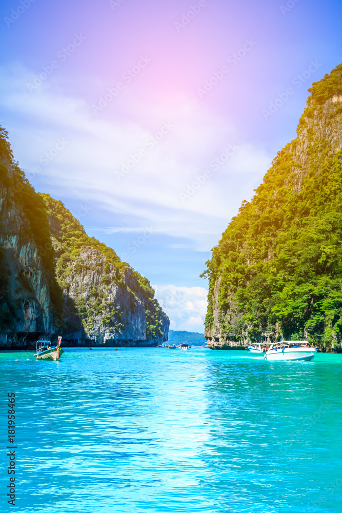 Boat in MAYA Bay Phi Phi Islands Andaman sea Krabi Thailand.