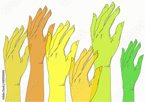 cartoon colored hands raised up, creative art for wallpaper
