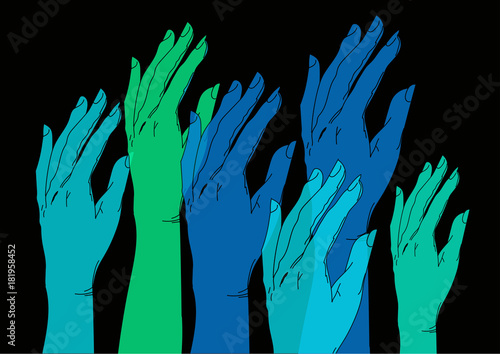 cartoon skethed blue hands raised up, creative art for wallpaper
