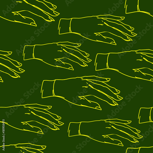 seamless pattern with painted hands on a green background