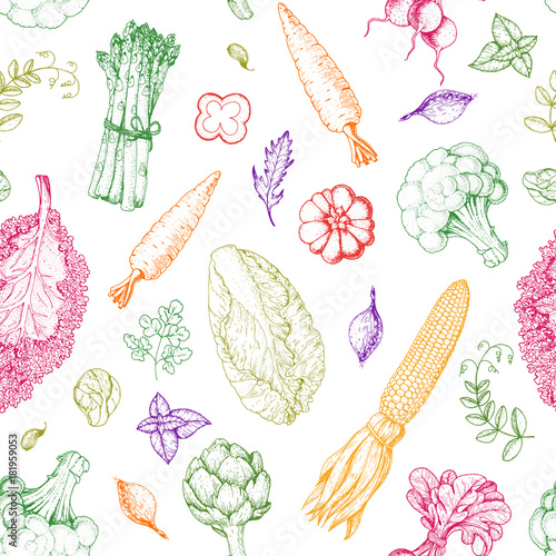 Vegetables seamless pattern. Farmers market menu design template. Organic vegetables food packaging pattern. Vintage hand drawn sketch vector illustration. Line art graphic. Engraved style.