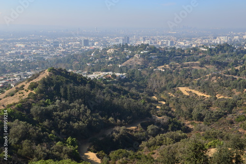 The Hollywood Hills overlooking a misty Los Angeles in the early morning   © paulbriden