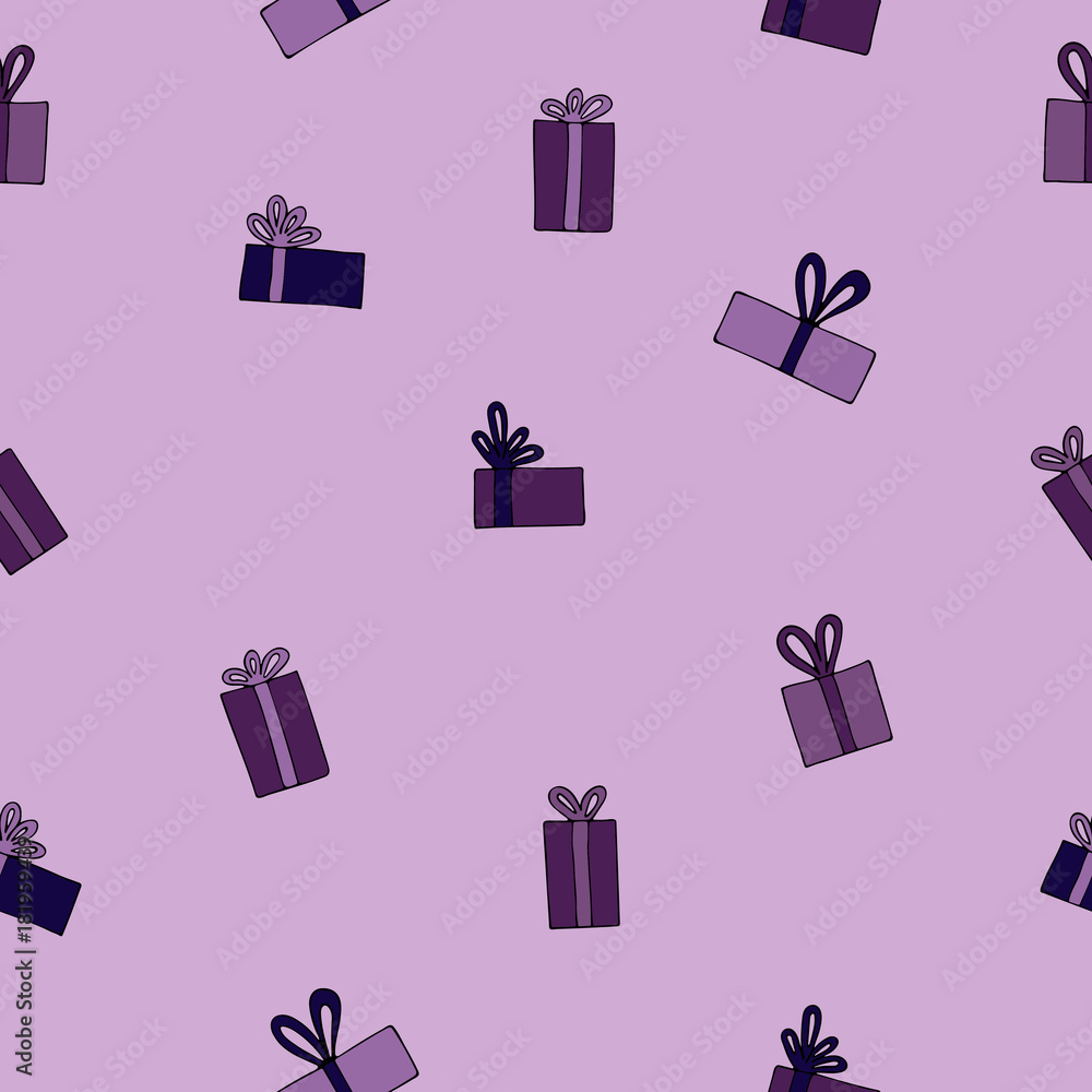 Seamless pattern with festive gifts on a lilac background. Seamless pattern with festive gifts on a lilac background.